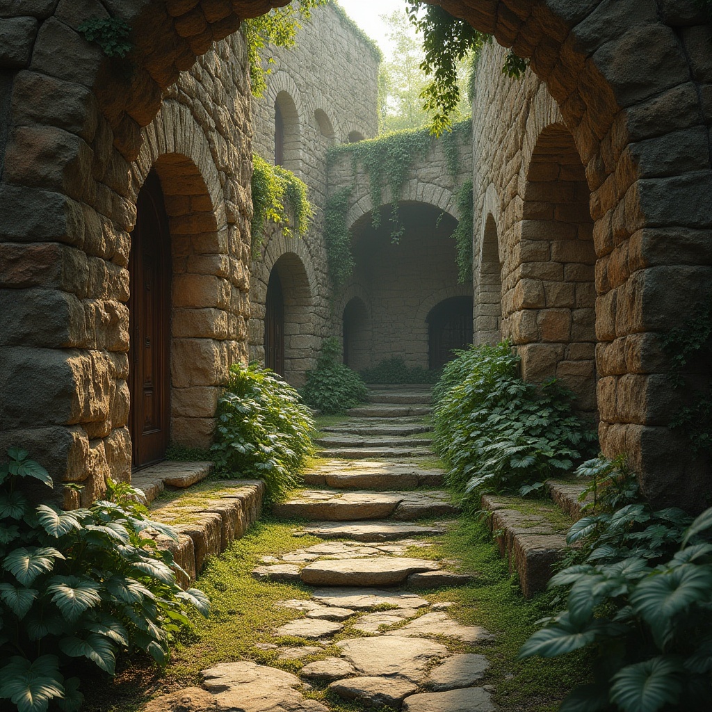 Prompt: Lavacrete walls, rough stone texture, earthy tone, natural material, organic pattern, rustic aesthetic, cozy atmosphere, warm lighting, soft shadows, high contrast ratio, cinematic composition, dramatic focal length, shallow depth of field, 2/3 rule, symmetrical balance, vibrant greenery, moss-covered surfaces, weathered appearance, ancient architecture, mystical ambiance.