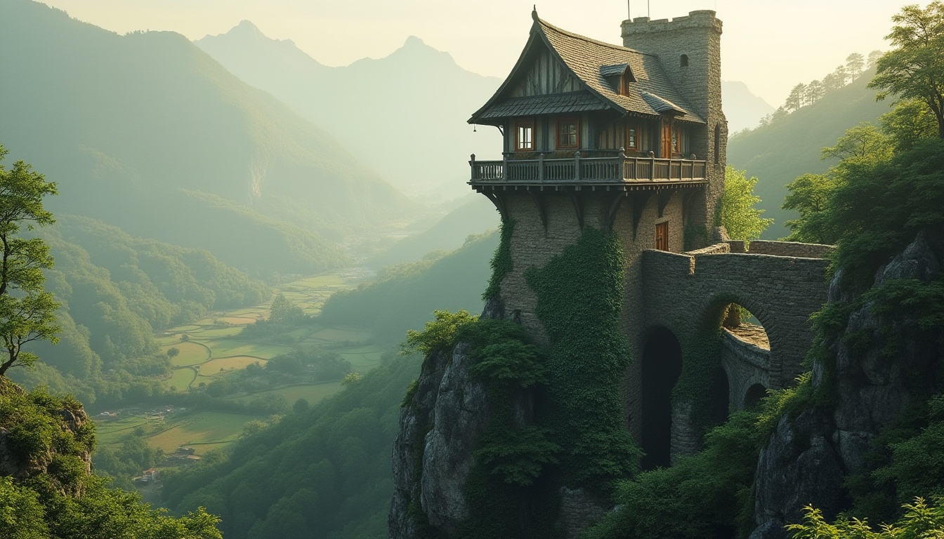 Prompt: Majestic watchtower, rugged stone walls, ivy-covered towers, panoramic views, rolling hills, serene lakeside, lush green forests, misty mornings, soft warm lighting, 3/4 composition, atmospheric perspective, realistic textures, ambient occlusion, wooden accents, earthy tones, natural materials, organic forms, curved lines, whimsical details, mystical ambiance.