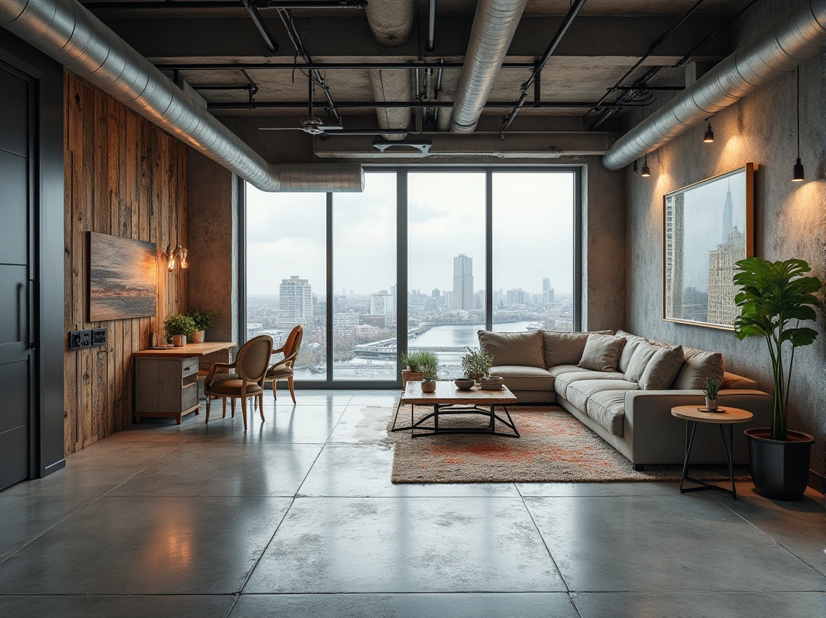 Prompt: Industrial-chic loft, exposed ductwork, polished concrete floors, textured walls, reclaimed wood accents, metallic tones, minimalist decor, urban cityscape views, cloudy day, soft natural light, shallow depth of field, 1/1 composition, realistic materials, ambient occlusion.