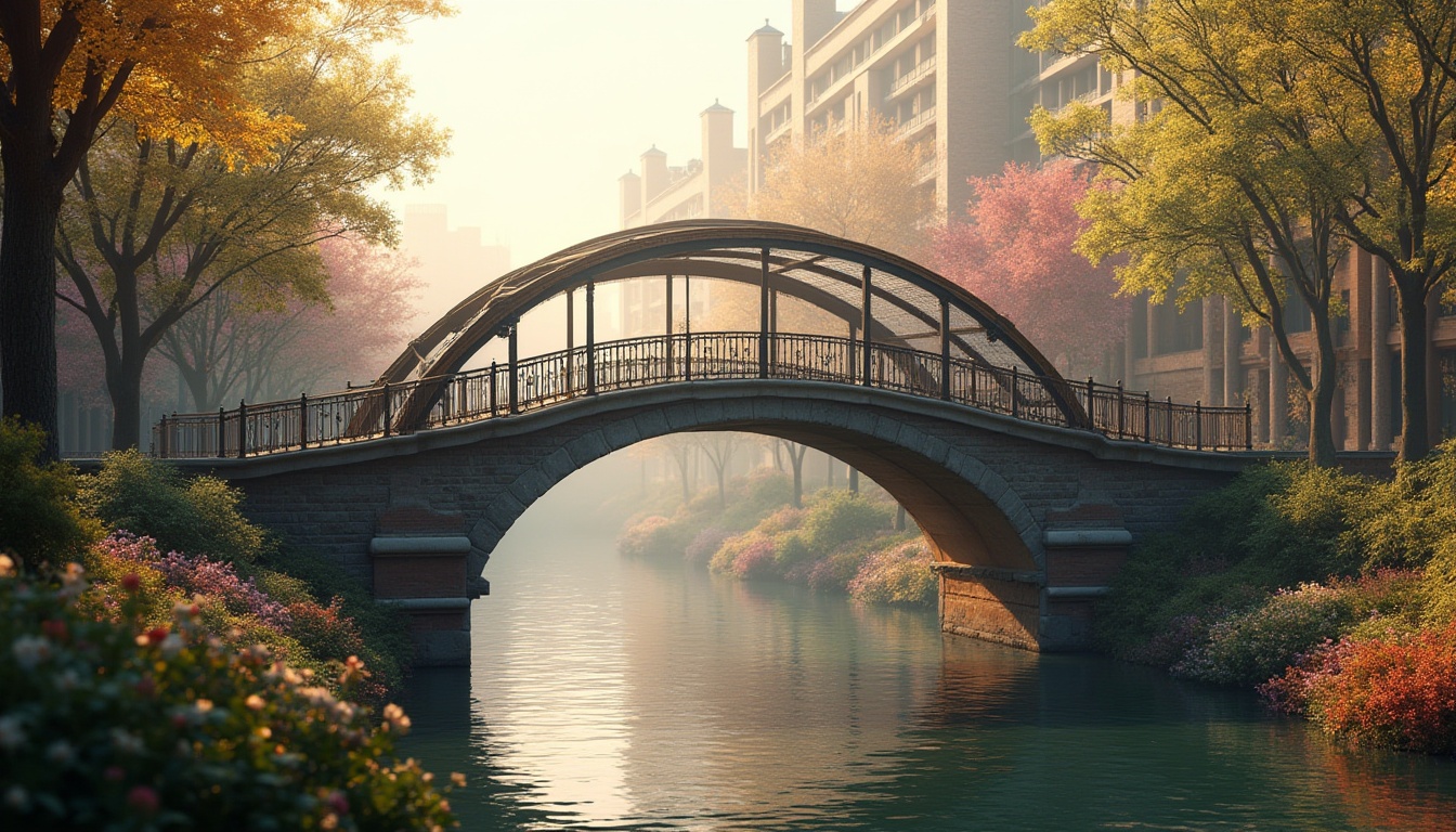 Prompt: Elegant vehicular bridge, curved steel arches, ornate metal railings, rustic stone piers, warm golden lighting, misty atmospheric effects, shallow depth of field, 1/1 composition, realistic textures, ambient occlusion, serene water flow, lush greenery, vibrant flowers, natural stone walkways, brick abutments, modern architecture, large windows, glass balustrades, blooming trees, sunny day, soft warm lighting.