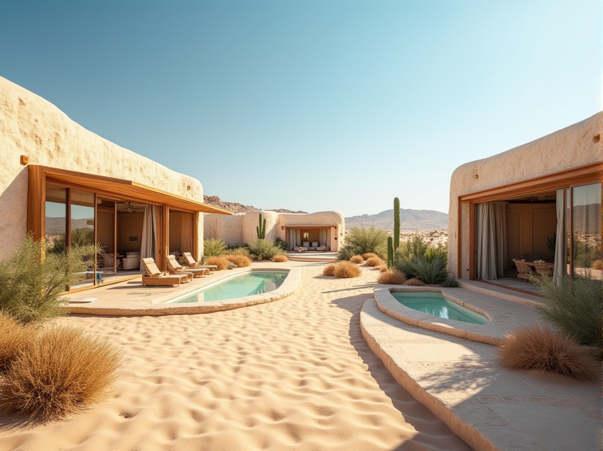 Prompt: Desert landscape, sandy dunes, cactus plants, hot sunny day, clear blue sky, vast open space, modern desert architecture, natural stone walls, curved lines, wind catchers, clerestory windows, solar chimneys, evaporative cooling systems, green roofs, misting systems, Arabic-inspired patterns, vibrant colorful textiles, intricate geometric motifs, comfortable interior spaces, soft warm lighting, shallow depth of field, 3/4 composition, panoramic view, realistic textures, ambient occlusion.