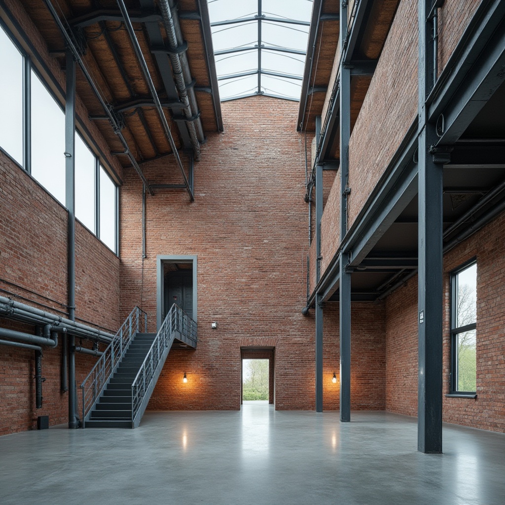 Prompt: Industrial constructivist building, exposed brick fa\u00e7ade, large windows, clerestory windows, skylights, open floor plans, minimalist interior design, polished concrete floors, steel beams, functional pipes, urban cityscape, cloudy day, soft diffused lighting, high contrast ratio, 1/2 composition, symmetrical balance, realistic materials, subtle ambient occlusion.