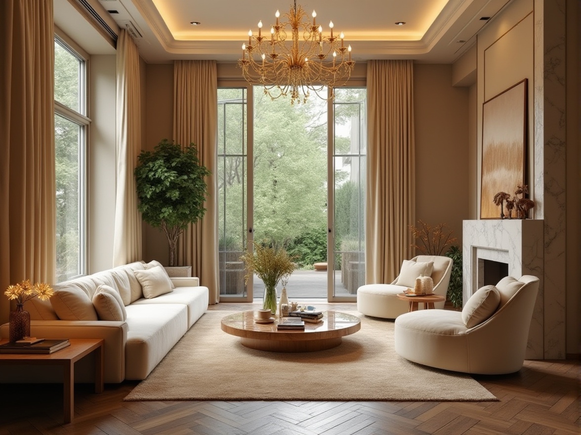 Prompt: Cozy living room, warm beige walls, plush velvet sofas, natural wood coffee tables, modern minimalist chandeliers, soft cream-colored curtains, comfortable oversized armchairs, rustic wooden flooring, vibrant greenery, elegant marble fireplaces, subtle ambient lighting, shallow depth of field, 1/2 composition, intimate atmosphere, realistic textures, warm color palette.