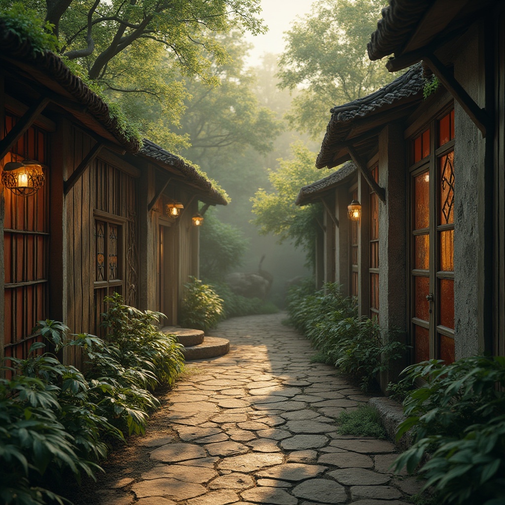 Prompt: Rustic wooden enclosures, distressed stone walls, vintage metal railings, lush green foliage, exotic animal habitats, misty atmosphere, warm golden lighting, shallow depth of field, 1/2 composition, realistic textures, ambient occlusion, weathered wood planks, rough-hewn stone blocks, ornate ironwork, intricate mosaic patterns, earthy color palette, nostalgic ambiance.