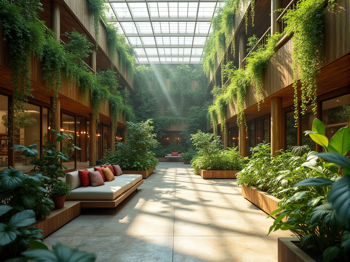 Prompt: Vibrant atrium, lush green walls, natural stone floors, clerestory windows, skylights, soft diffused light, warm ambiance, energy-efficient LED lighting, sustainable design, minimalist decor, organic shapes, earthy color palette, cozy seating areas, wooden accents, plants, flowers, sunny day, gentle shadows, shallow depth of field, 3/4 composition, panoramic view, realistic textures.