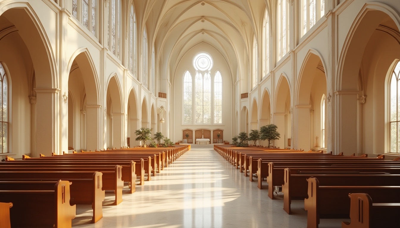 Prompt: Elegant church interior, high ceilings, grandiose stained glass windows, ornate wooden pews, subtle cross-shaped decorations, soft warm lighting, indirect sunlight, clerestory windows, large skylights, transparent roof materials, minimalist architectural details, cream-colored stone walls, polished marble floors, serene atmosphere, peaceful ambiance, natural textures, realistic reflections, shallow depth of field, 1/2 composition, vertical framing.