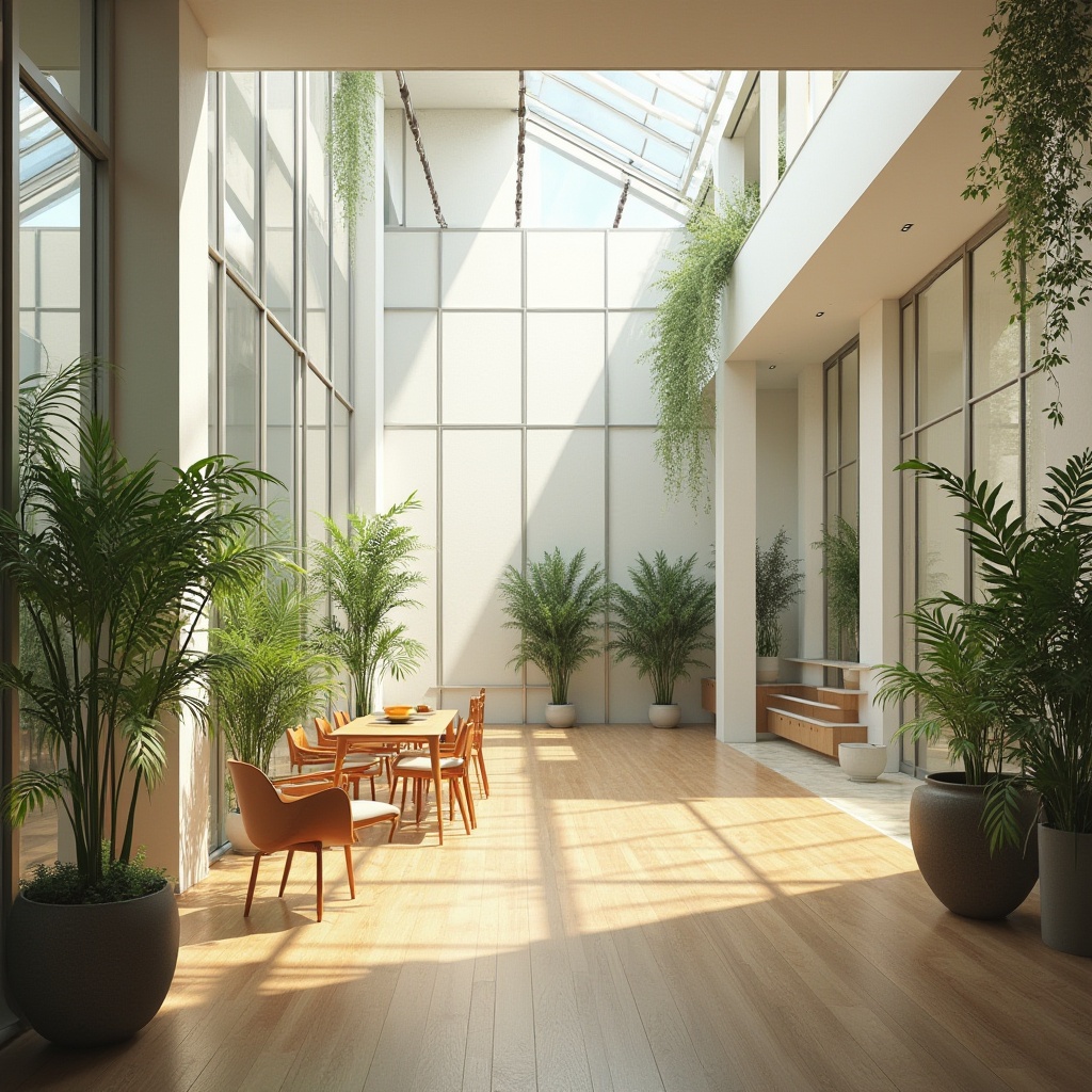 Prompt: Vibrant open-plan interior, floor-to-ceiling windows, transparent glass doors, minimal shading devices, reflective white walls, polished wooden floors, lush greenery, hanging plants, natural stone accents, ambient warm lighting, soft diffused glow, indirect sunlight, clerestory windows, skylights, solar tubes, minimalist decor, airy feel, 1/1 composition, shallow depth of field, realistic textures, ambient occlusion.