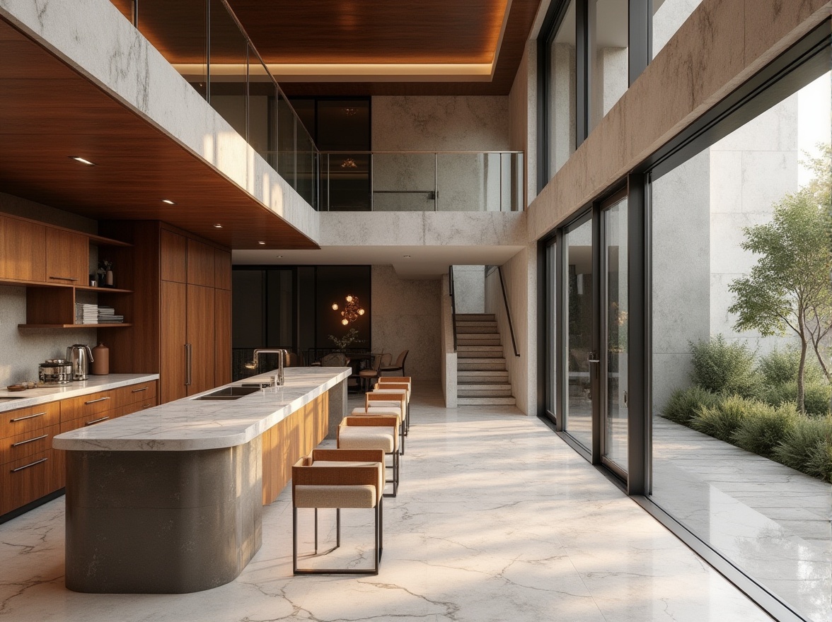 Prompt: Luxurious villa, modern minimalist design, sleek metal accents, glass railings, rich wood tones, marble countertops, porcelain flooring, natural stone walls, earthy color palette, soft ambient lighting, 1/1 composition, shallow depth of field, realistic textures, ambient occlusion.