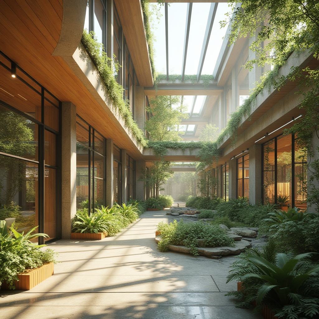 Prompt: Vibrant open spaces, floor-to-ceiling windows, natural stone walls, wooden accents, energy-efficient lighting systems, solar tubes, skylights, clerestory windows, green roofs, lush vegetation, serene ambiance, warm sunny days, soft diffused light, gentle shadows, 1/1 composition, realistic textures, ambient occlusion.