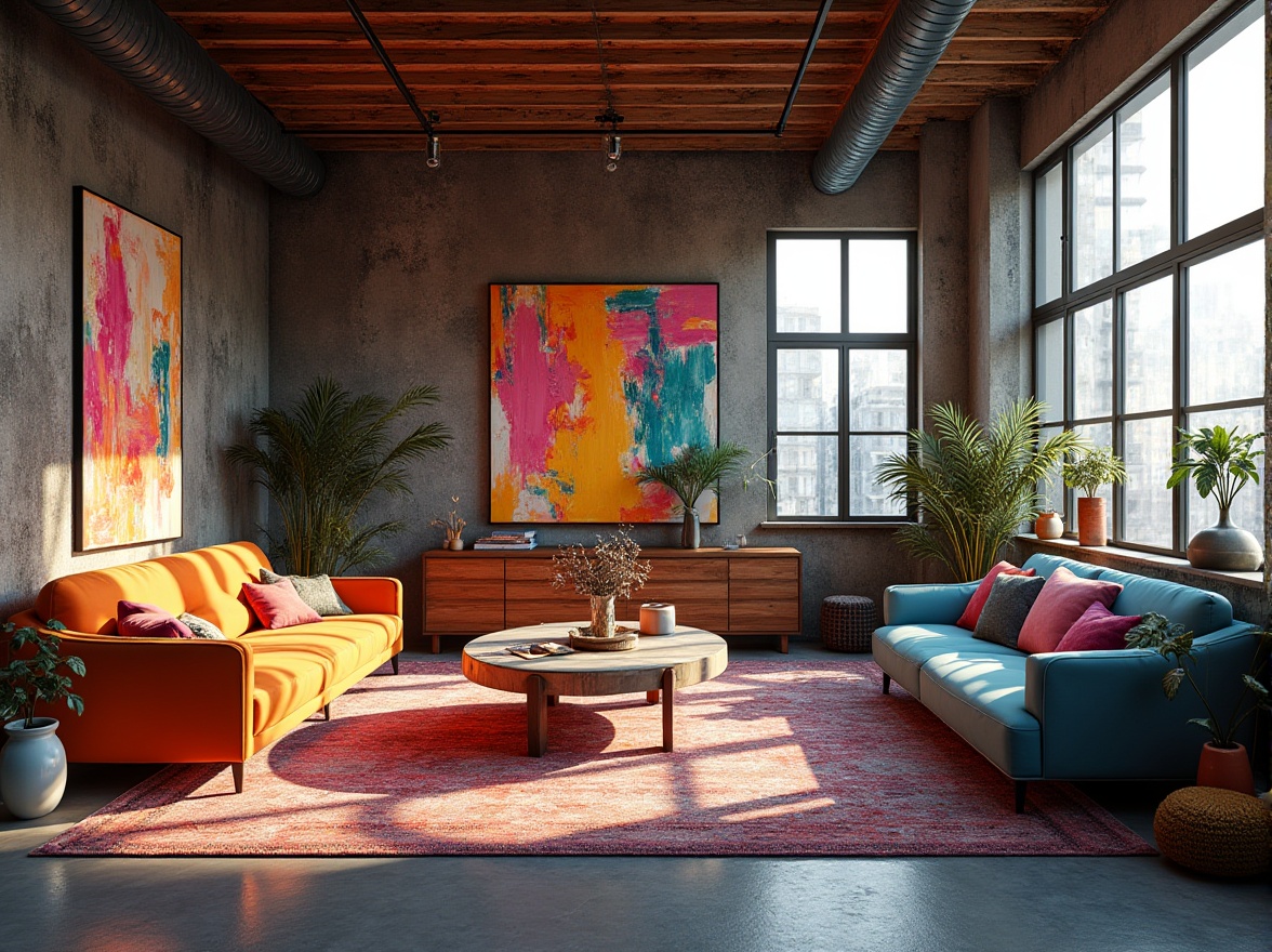 Prompt: Vibrant modern art studio, eclectic furniture pieces, abstract artwork, bold brushstrokes, neon color accents, industrial metal beams, reclaimed wood walls, oversized windows, natural light pouring in, softbox lighting, 2/3 composition, warm and cool tones, contrasting textures, urban loft atmosphere.