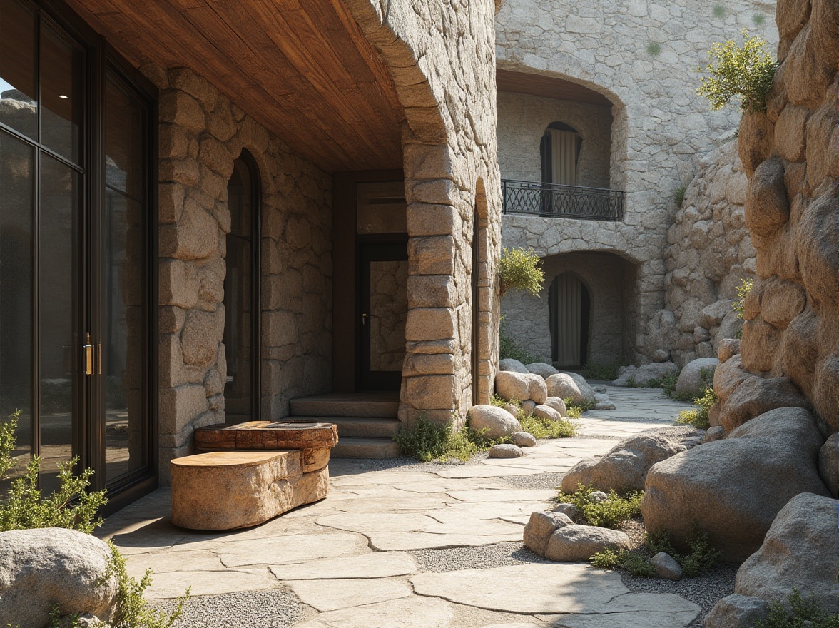 Prompt: Rustic stone walls, weathered wooden planks, rough-hewn granite columns, smooth glass facades, metallic mesh cladding, intricate tile mosaics, tactile concrete finishes, organic rock formations, earthy terrain integration, natural material palette, earth-toned color scheme, ambient occlusion, realistic normal mapping, detailed 3D modeling, atmospheric perspective rendering.