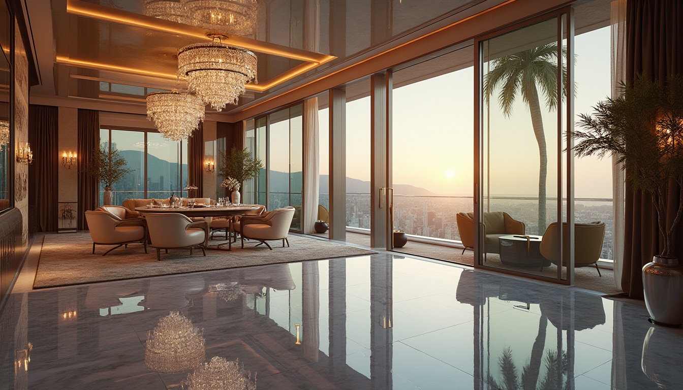 Prompt: Luxurious modern mansion, sleek reflective glass fa\u00e7ade, polished chrome accents, lavish interior decor, opulent chandeliers, glossy marble floors, shimmering crystal ornaments, panoramic cityscape views, warm golden lighting, shallow depth of field, 1/1 composition, dramatic mirror reflections, ambient occlusion, realistic textures.