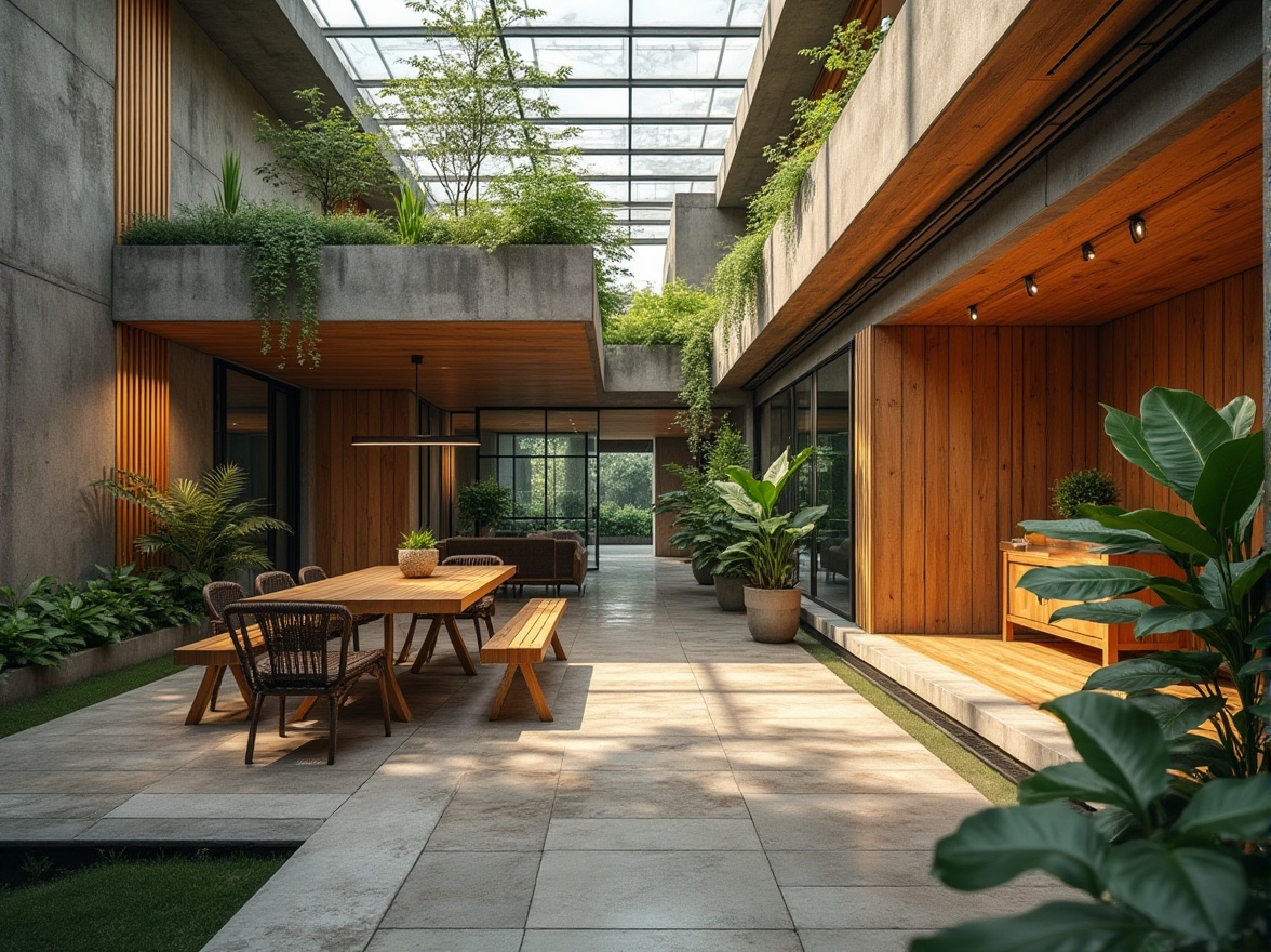 Prompt: Eco-friendly building, sustainable materials, reclaimed wood, low-carbon concrete, solar panels, green roofs, living walls, vertical gardens, natural stone facades, bamboo flooring, recycled glass surfaces, minimalist decor, industrial chic aesthetic, urban loft atmosphere, soft warm lighting, shallow depth of field, 3/4 composition, realistic textures, ambient occlusion.