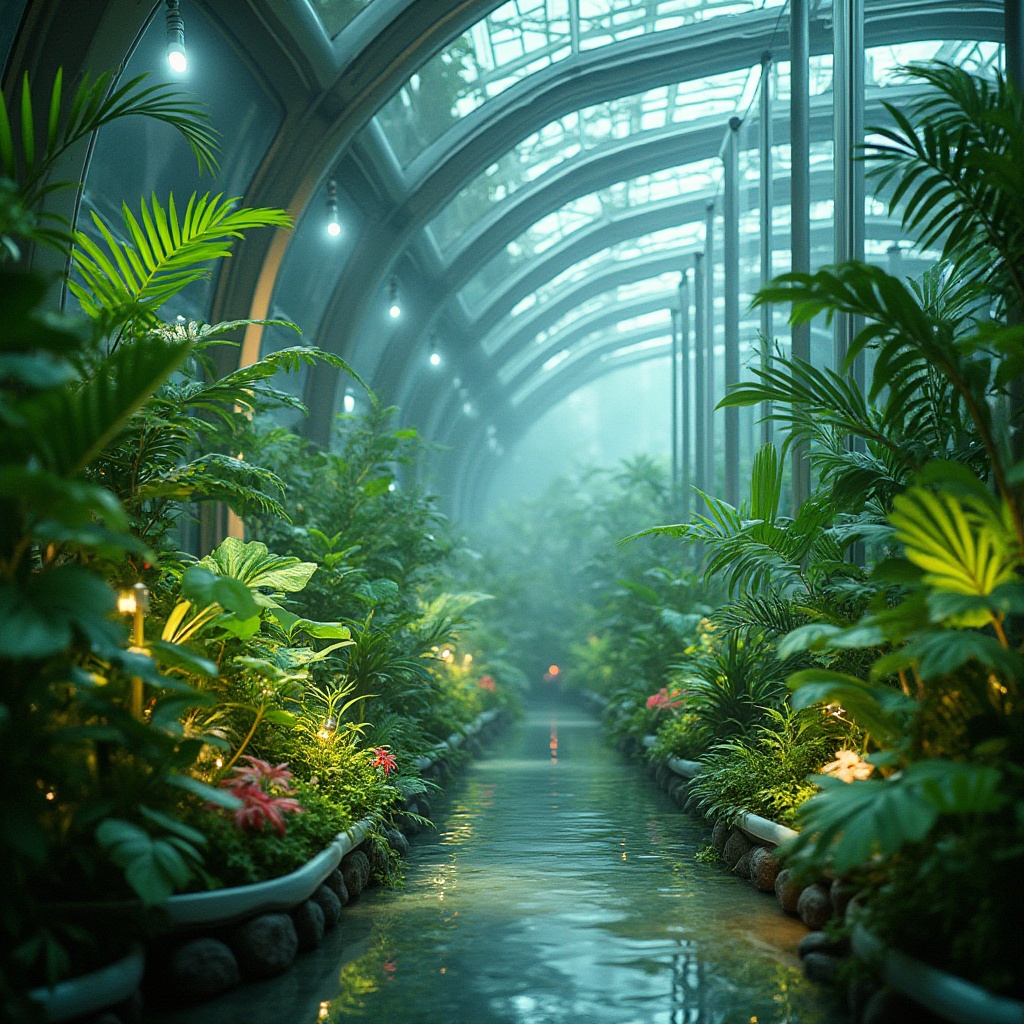 Prompt: Vibrant greenery, neon-lit tropical plants, iridescent glass surfaces, luminescent accents, soft misty atmosphere, futuristic botanical gardens, sleek metal frameworks, hydroponic systems, LED grow lights, aerodynamic shapes, minimalist decor, sustainable materials, eco-friendly technologies, calming ambiance, warm natural light, shallow depth of field, 3/4 composition, panoramic view, realistic textures, ambient occlusion.