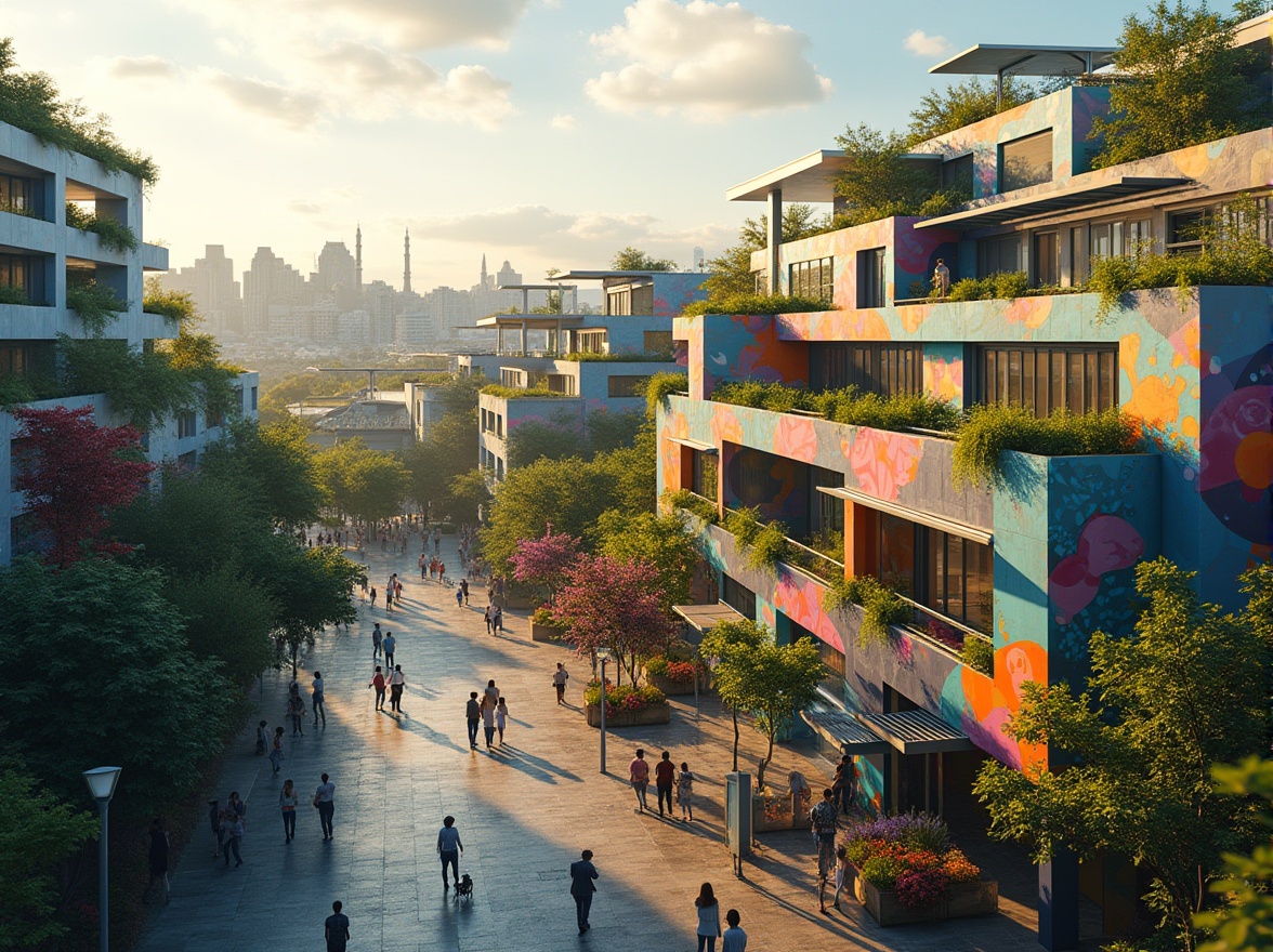 Prompt: Vibrant community center, colorful mural artwork, sustainable green roofs, eco-friendly building materials, modern angular lines, futuristic balconies, vertical gardens, urban landscape, bustling city streets, morning sunlight, soft warm lighting, shallow depth of field, 3/4 composition, realistic textures, ambient occlusion.