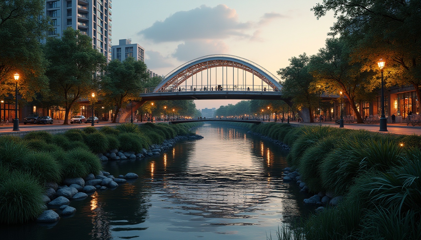 Prompt: Curved bridge silhouette, lush vegetation, serene riverbank, gentle water flow, natural stone abutments, steel arches, modern infrastructure, urban landscape integration, pedestrian walkways, cyclist paths, public art installations, vibrant streetlights, warm evening ambiance, shallow depth of field, 1/2 composition, symmetrical framing, realistic textures, ambient occlusion.