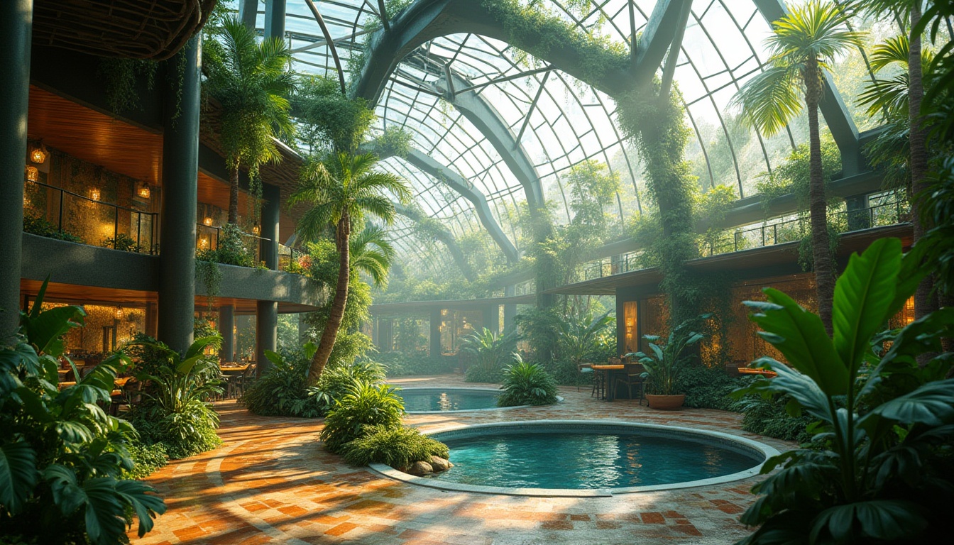 Prompt: Lush tropical plants, curvaceous glass domes, futuristic architecture, steel beams, exposed pipes, natural ventilation systems, abundant daylight, soft warm lighting, misting systems, water features, organic forms, sustainable materials, reclaimed wood accents, living walls, green roofs, bio-inspired patterns, vibrant colorful textiles, intricate geometric motifs, serene ambiance, shallow depth of field, 3/4 composition, panoramic view, realistic textures, ambient occlusion.