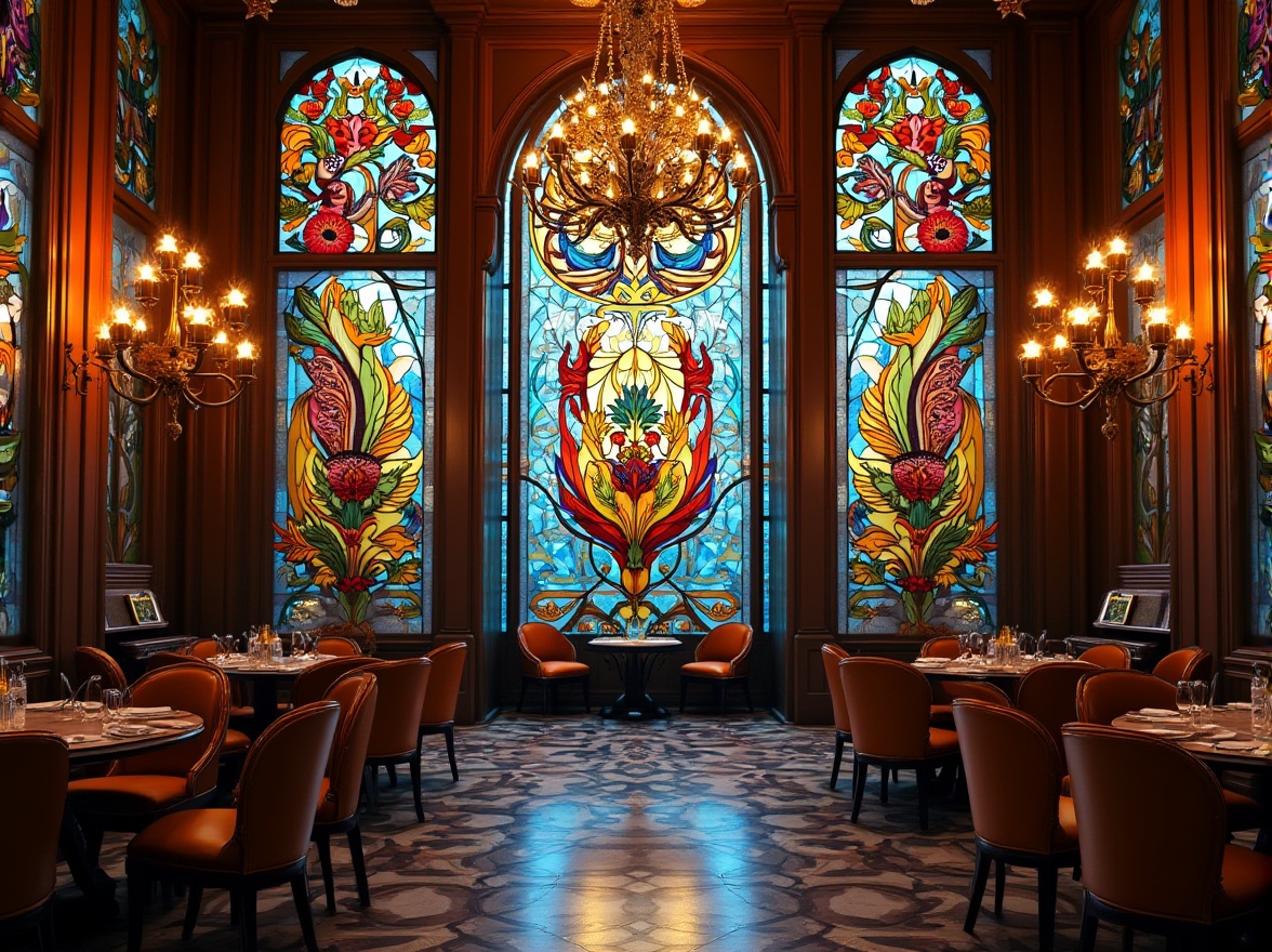 Prompt: Vibrant stained glass panels, geometric patterns, rich jewel tones, ornate metal frameworks, luxurious Art Deco style, opulent architecture, lavish interior design, grand chandeliers, intricate mosaics, bold colorful motifs, symmetrical compositions, warm golden lighting, shallow depth of field, 1/1 composition, realistic textures, ambient occlusion.