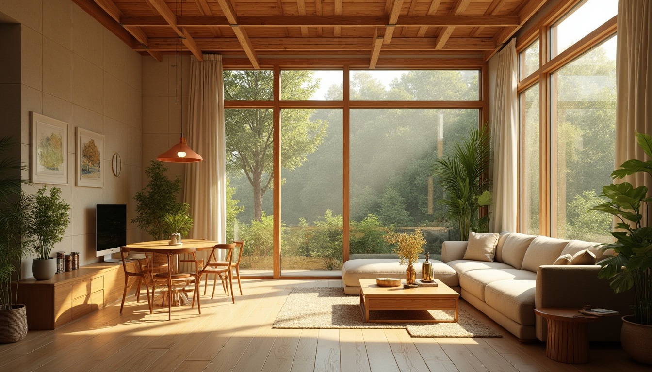 Prompt: Cozy interior spaces, natural light pouring in, large windows, skylights, clerestory windows, warm earthy tones, sustainable energy solutions, eco-friendly materials, green roofs, solar tubes, light shelves, reflective surfaces, minimal artificial lighting, soft warm glow, gentle shadows, ambient occlusion, 1/1 composition, realistic textures, serene atmosphere, morning sunlight, afternoon warmth, evening coziness.