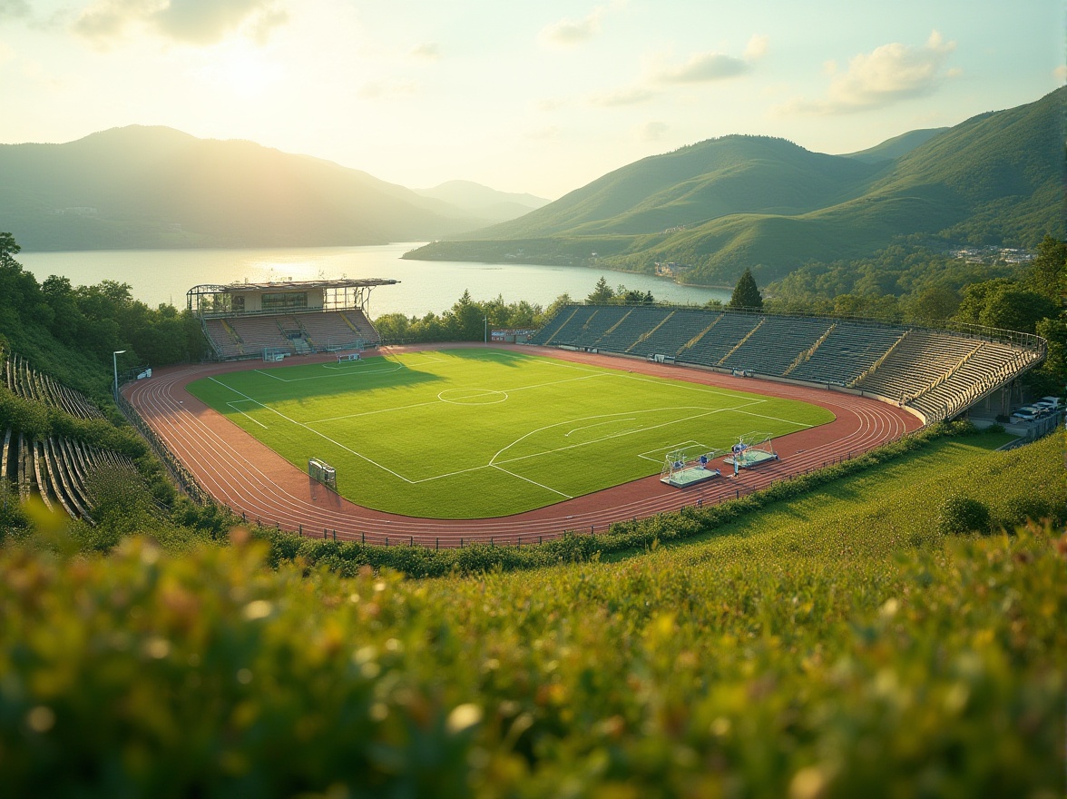 Prompt: Natural grassy terrain, rolling hills, serene lakeside, rustic wooden fences, sports field markings, athletic track lanes, soccer goals, basketball hoops, tennis courts, modern stadium seating, vibrant green turf, sunny afternoon, soft warm lighting, shallow depth of field, 3/4 composition, panoramic view, realistic textures, ambient occlusion.