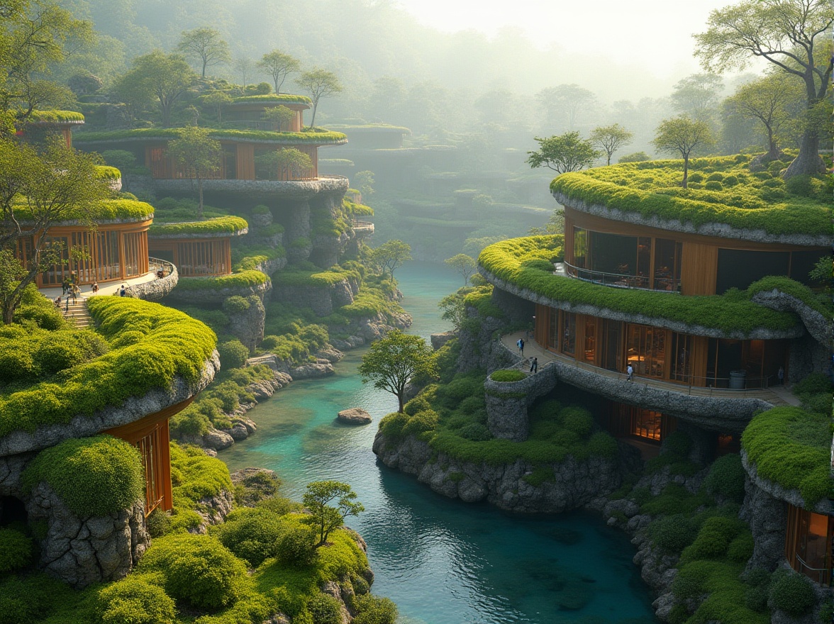 Prompt: Vibrant green roofs, lush vegetation, organic curves, undulating structures, natural stone walls, reclaimed wood accents, earthy color palette, bioluminescent lighting, misty atmosphere, foggy mornings, dewy grasslands, meandering pathways, sculpted landforms, minimalist water features, bio-inspired facades, kinetic architecture, dynamic shading systems, adaptive climate control, sustainable energy harvesting, eco-friendly materials, futuristic yet organic aesthetics, 3/4 composition, soft focus, warm color grading.