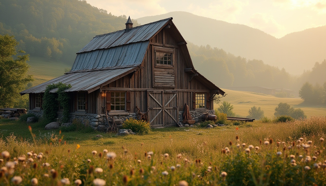 Prompt: Rustic barn, wooden accents, distressed finishes, vintage farm tools, wildflowers, countryside landscape, rolling hills, misty morning, warm golden lighting, soft focus, shallow depth of field, 1/1 composition, symmetrical framing, earthy color palette, natural stone walls, reclaimed wood cladding, corrugated metal roofs, modern minimalist windows, decorative trusses, romantic ambiance, whimsical details, lush greenery, overgrown vines.