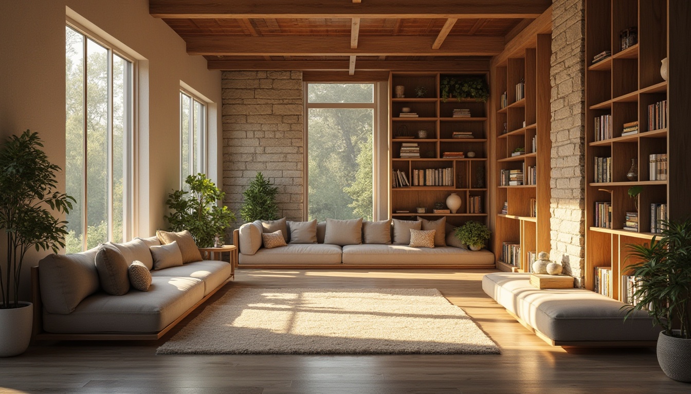 Prompt: Cozy reading nook, soft warm lighting, large windows, natural stone walls, wooden shelves, comfortable seating areas, peaceful atmosphere, morning sunlight, gentle shadows, indirect illumination, subtle color palette, earthy tones, minimal ornamentation, functional furniture, modern architecture, open floor plan, high ceilings, clerestory windows, ambient occlusion, realistic textures, shallow depth of field, 3/4 composition.