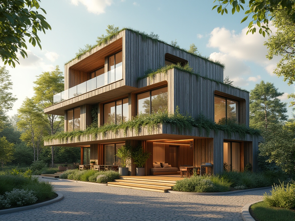 Prompt: Eco-friendly residential building, recycled metal facade, low-carbon concrete structure, solar panels, green roofs, rainwater harvesting system, natural ventilation, energy-efficient appliances, reclaimed wood accents, bamboo flooring, minimalist interior design, abundant daylight, soft warm lighting, shallow depth of field, 3/4 composition, realistic textures, ambient occlusion.