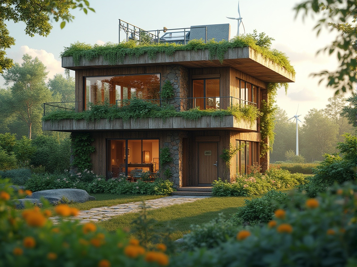 Prompt: Eco-friendly watchtower, reclaimed wood fa\u00e7ade, living green walls, solar panels, wind turbines, recycled metal structures, low-carbon concrete foundations, rainwater harvesting systems, grey water reuse, composting toilets, organic gardens, bamboo flooring, natural ventilation, clerestory windows, soft warm lighting, shallow depth of field, 1/2 composition, panoramic view, realistic textures, ambient occlusion.