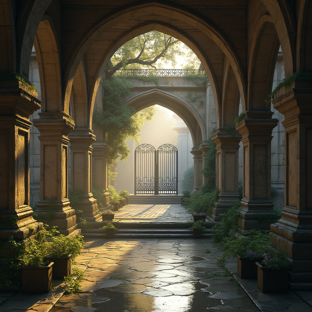 Prompt: Rustic stone arches, ornate iron railings, symmetrical composition, grand entrance gates, classical columns, carved stonework, moss-covered walls, serene water reflections, misty morning atmosphere, warm golden lighting, shallow depth of field, 1/2 composition, realistic textures, ambient occlusion.