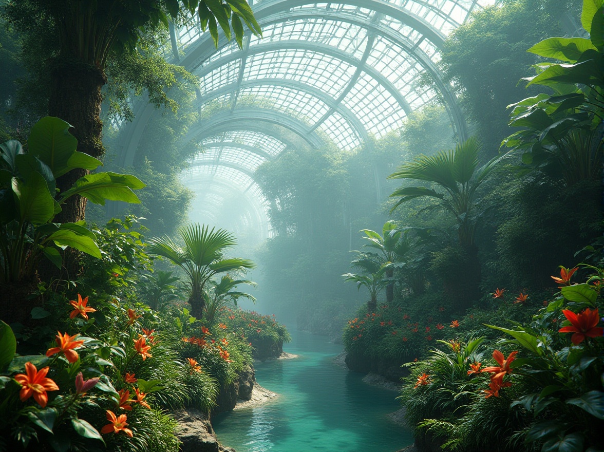 Prompt: Lush tropical vegetation, exotic flowers, misty atmosphere, futuristic glass domes, curved metal frameworks, iridescent solar panels, hydroponic systems, LED grow lights, organic shapes, biomimetic structures, natural ventilation, evaporative cooling, living walls, green roofs, water features, ambient sounds, soft diffused lighting, 1/1 composition, shallow depth of field, realistic textures, cinematic ambiance.