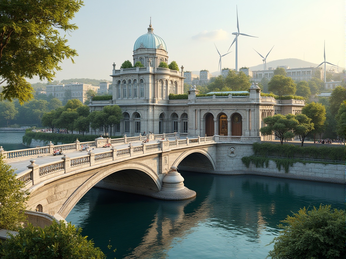 Prompt: Elegant neoclassical bridge, ornate stone balustrades, refined arches, green roofs, solar panels, wind turbines, rainwater harvesting systems, eco-friendly concrete materials, energy-efficient LED lighting, misting systems, pedestrian-friendly walkways, cycling lanes, lush vegetation, natural stone piers, serene water reflections, soft warm lighting, shallow depth of field, 3/4 composition, panoramic view, realistic textures, ambient occlusion.