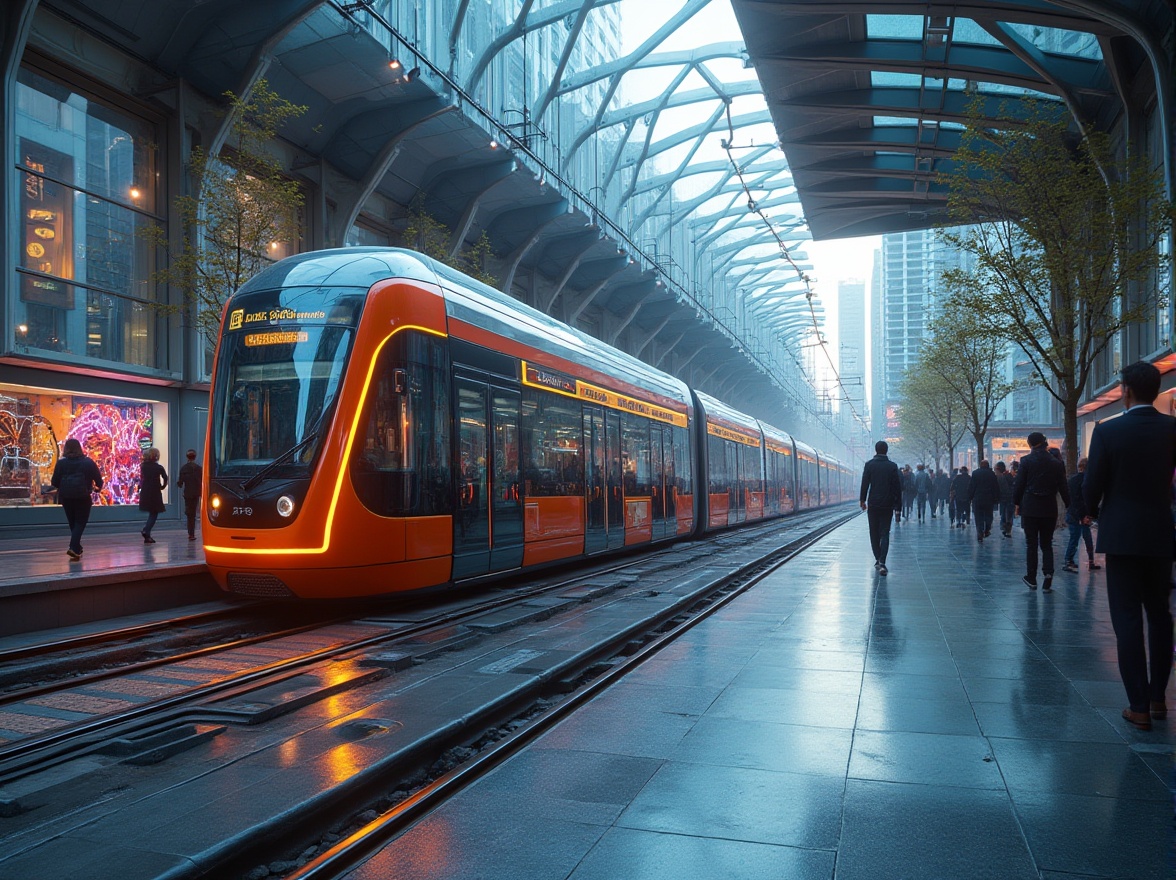 Prompt: Futuristic tram station, sleek metallic fa\u00e7ade, dynamic LED lighting, angular glass panels, cantilevered rooflines, urban cityscape, bustling streets, morning rush hour, vibrant neon signs, abstract graffiti, modern minimalism, sustainable materials, energy-efficient systems, green roofs, rainwater harvesting, innovative ventilation systems, natural stone flooring, stainless steel handrails, futuristic interior design, panoramic views, shallow depth of field, 1/1 composition, realistic reflections.