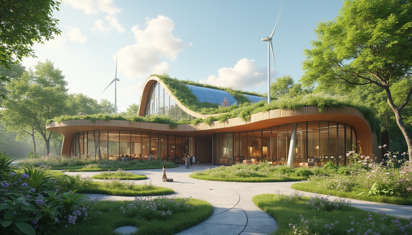 Prompt: Eco-friendly buildings, green roofs, solar panels, wind turbines, rainwater harvesting systems, recycled materials, energy-efficient solutions, natural ventilation systems, large windows, abundant daylight, minimal carbon footprint, futuristic architecture, curved lines, sleek metal surfaces, innovative cooling technologies, shaded outdoor spaces, misting systems, lush greenery, vibrant flowers, blooming trees, sunny day, soft warm lighting, shallow depth of field, 3/4 composition, panoramic view, realistic textures, ambient occlusion.