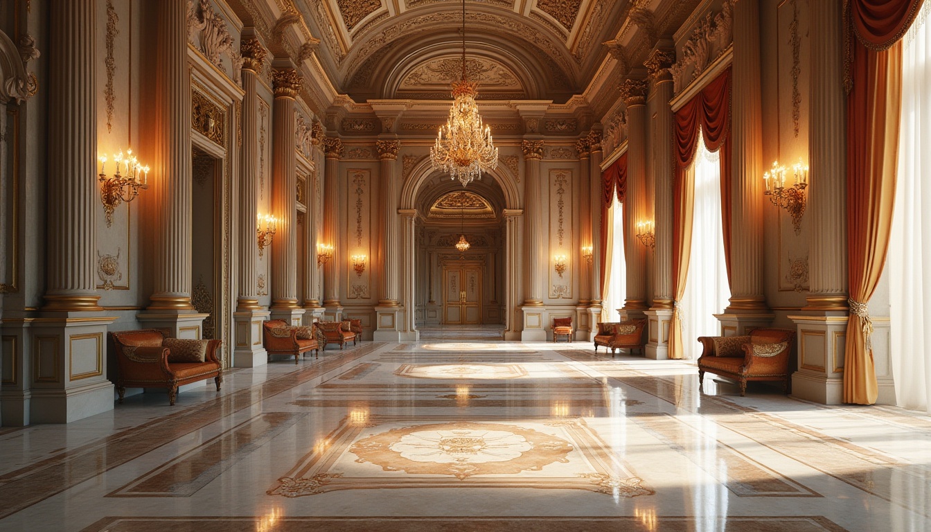 Prompt: Grandiose Neoclassicism building, ornate columns, carved marble facades, rusticated stone walls, pedimented roofs, symmetrical architecture, opulent chandeliers, polished bronze door handles, intricate moldings, lavish furnishings, velvet drapes, crystal chandeliers, rich wood paneling, gilded accents, soft warm lighting, shallow depth of field, 1/1 composition, realistic textures, ambient occlusion.