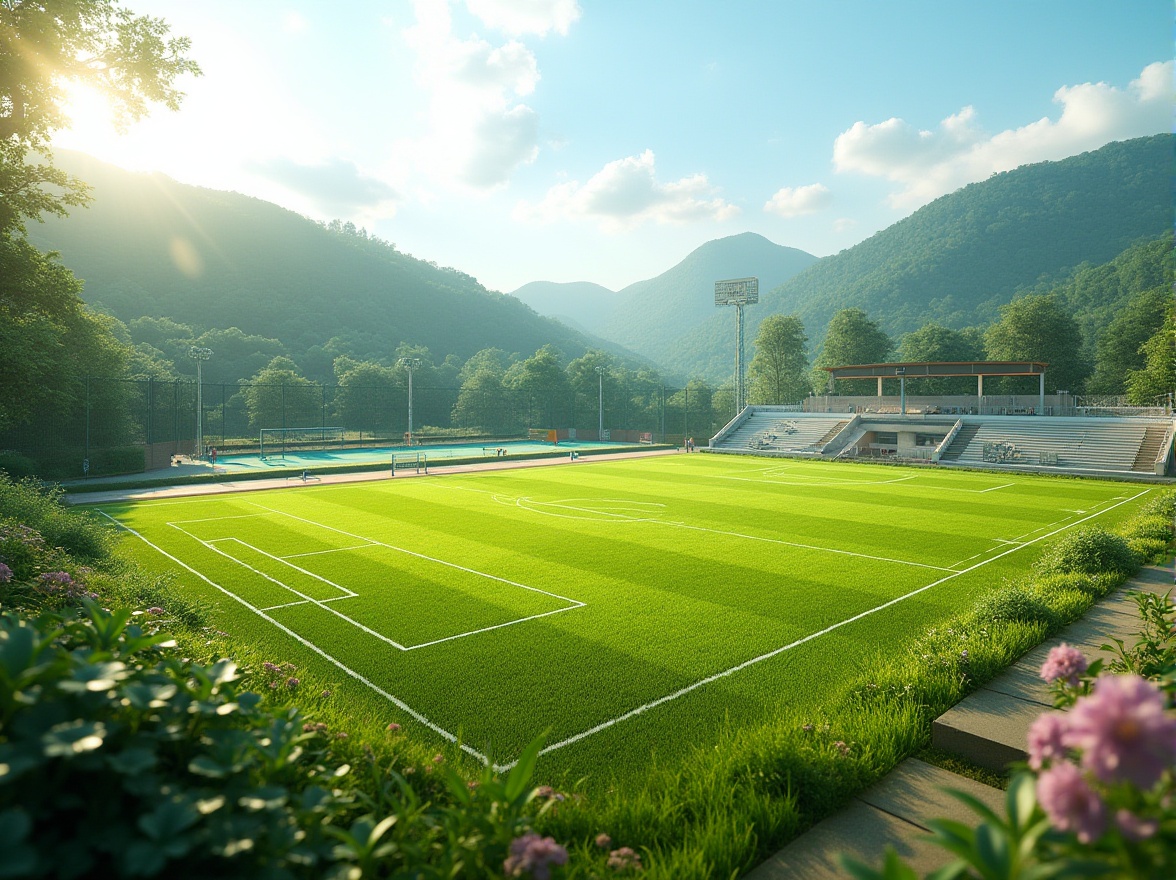 Prompt: Natural grass fields, rolling hills, scenic vistas, sports equipment, goalposts, basketball hoops, tennis courts, running tracks, athletic stadiums, modern architecture, sleek metal bleachers, vibrant team colors, dynamic lighting, shallow depth of field, 3/4 composition, panoramic view, realistic textures, ambient occlusion, sunny day, soft warm lighting, gentle breeze, lush greenery, blooming flowers, winding walkways, natural stone paths.