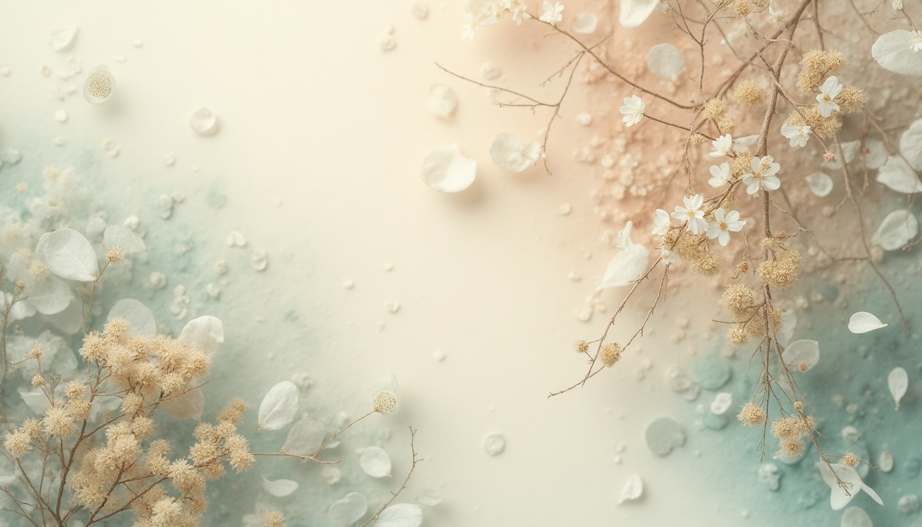 Prompt: Soft pastel hues, creamy whites, gentle beiges, calming blues, muted greens, warm neutrals, elegant gold accents, subtle texture overlays, natural material inspirations, earthy terracotta tones, serene atmospheric lighting, 1/1 composition, realistic color blending, ambient occlusion.