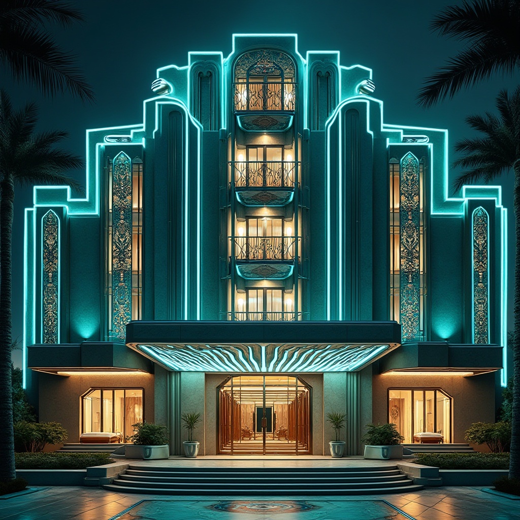 Prompt: Geometric Art Deco facade, ornate metal details, vibrant turquoise accents, grand entranceways, curved lines, zigzag motifs, luxurious materials, polished marble floors, metallic surfaces, futuristic lighting systems, LED installations, cantilevered balconies, angular shapes, symmetrical compositions, 3/4 perspective, high-contrast renderings, intricate patterns, ornamental railings, lavish decorations, modernist influences, sci-fi elements, neon-lit nighttime scenes, shallow depth of field, panoramic views.