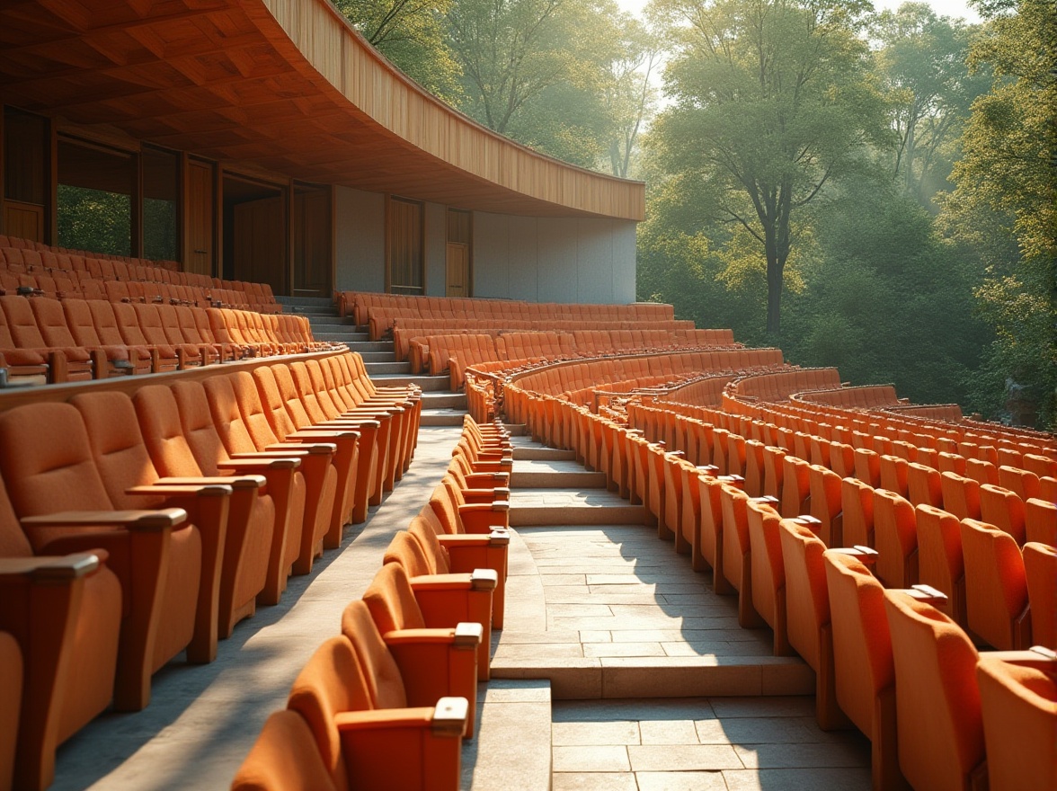 Prompt: Amphitheater-style seating, tiered rows, soft cushioning, ergonomic design, warm wooden accents, gentle slope, ample legroom, curved railings, vibrant upholstery, natural stone flooring, lush greenery surroundings, sunny day, soft warm lighting, shallow depth of field, 3/4 composition, panoramic view, realistic textures, ambient occlusion.