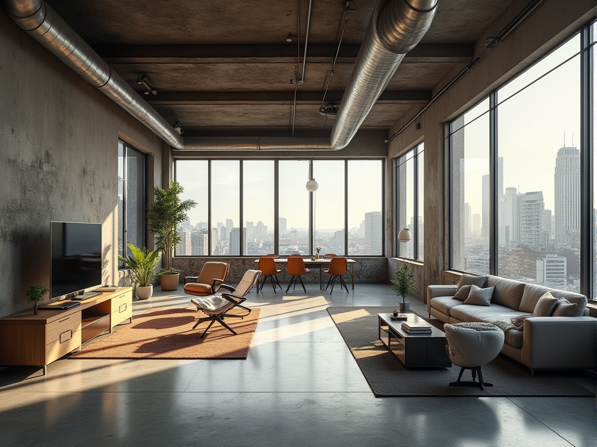 Prompt: Industrial chic loft, high ceiling, exposed ductwork, polished concrete floors, minimalist decor, functional furniture, geometric shapes, monochromatic color scheme, abundant natural light, oversized windows, urban cityscape view, atmospheric shadows, soft warm lighting, shallow depth of field, 3/4 composition, panoramic view, realistic textures, ambient occlusion.