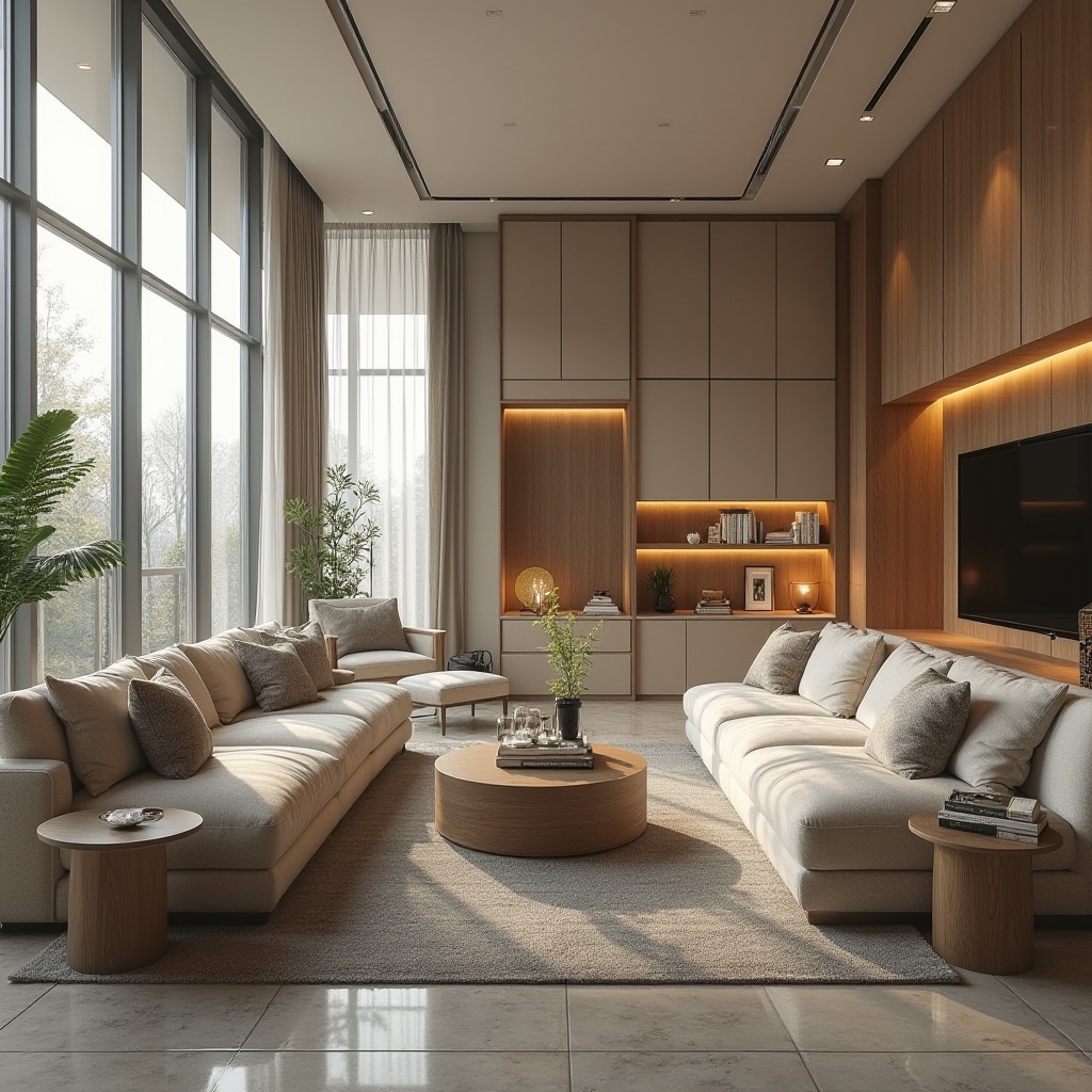 Prompt: Elegant living room, comfortable sofas, modern coffee table, decorative lamps, large windows, natural light, soft warm lighting, 3/4 composition, panoramic view, realistic textures, ambient occlusion, spacious floor plan, functional storage units, sleek cabinetry, minimalist design, high-gloss finishes, sophisticated color palette, stylish rug, statement artwork, greenery accents, cozy reading nook, intimate seating arrangement.