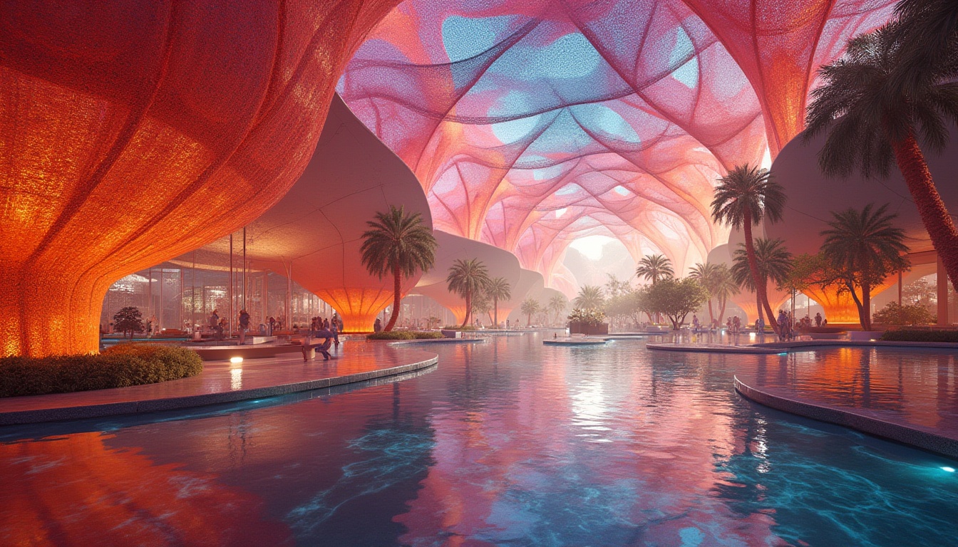 Prompt: Vibrant colored fabrics, intricate patterns, woven metal mesh, dynamic light installations, futuristic architecture, curved lines, undulating surfaces, translucent canopies, suspended ceilings, modern interior design, luxurious ambiance, soft warm lighting, shallow depth of field, 3/4 composition, panoramic view, realistic textures, ambient occlusion.