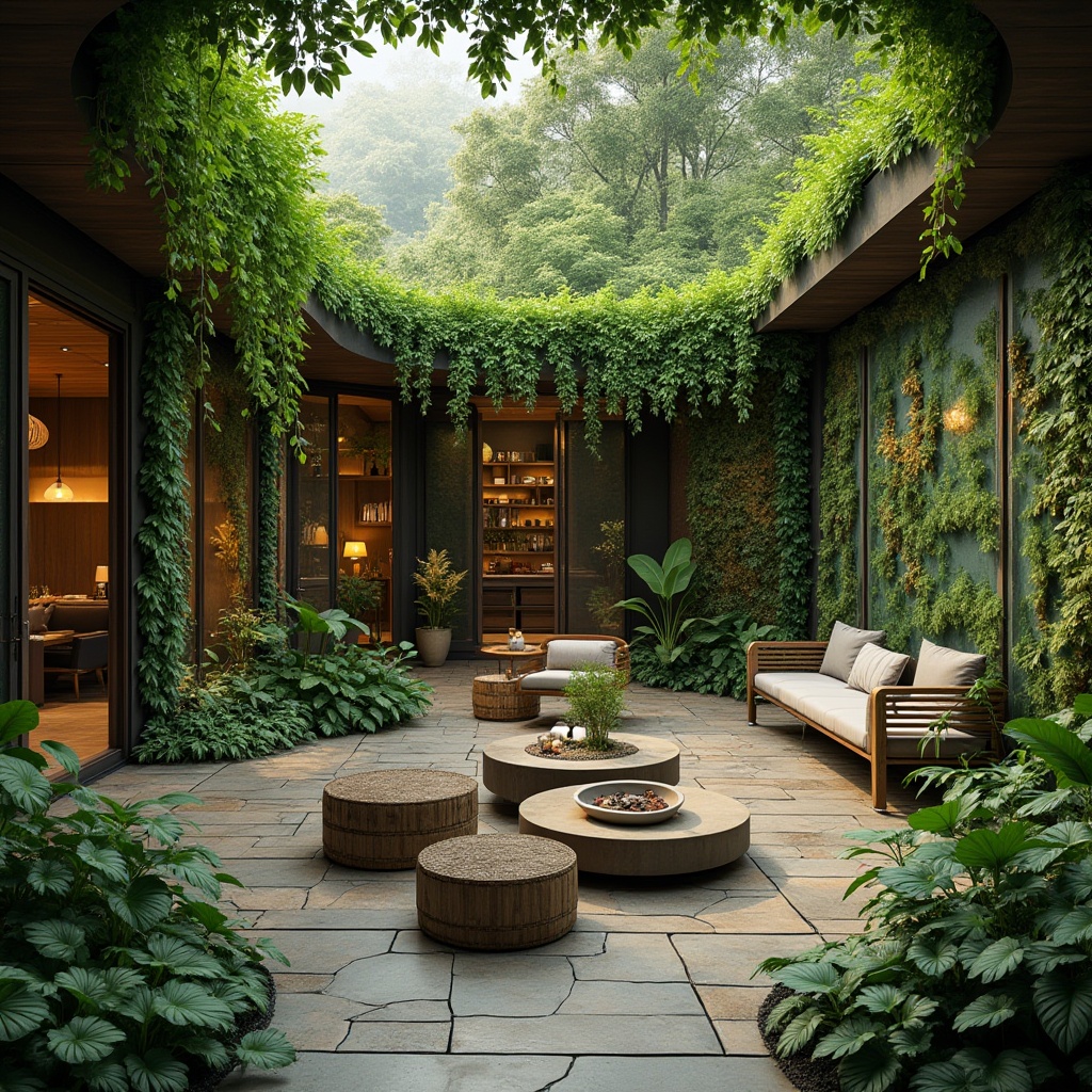 Prompt: Lush green walls, living plants, natural materials, reclaimed wood, stone features, earthy tones, organic shapes, curved lines, soft warm lighting, cozy ambiance, calming atmosphere, floor-to-ceiling windows, sliding glass doors, outdoor connections, nature-inspired patterns, botanical prints, woven textiles, rattan furniture, serene water features, small ponds, rain chains, misting systems, natural ventilation, passive design strategies.