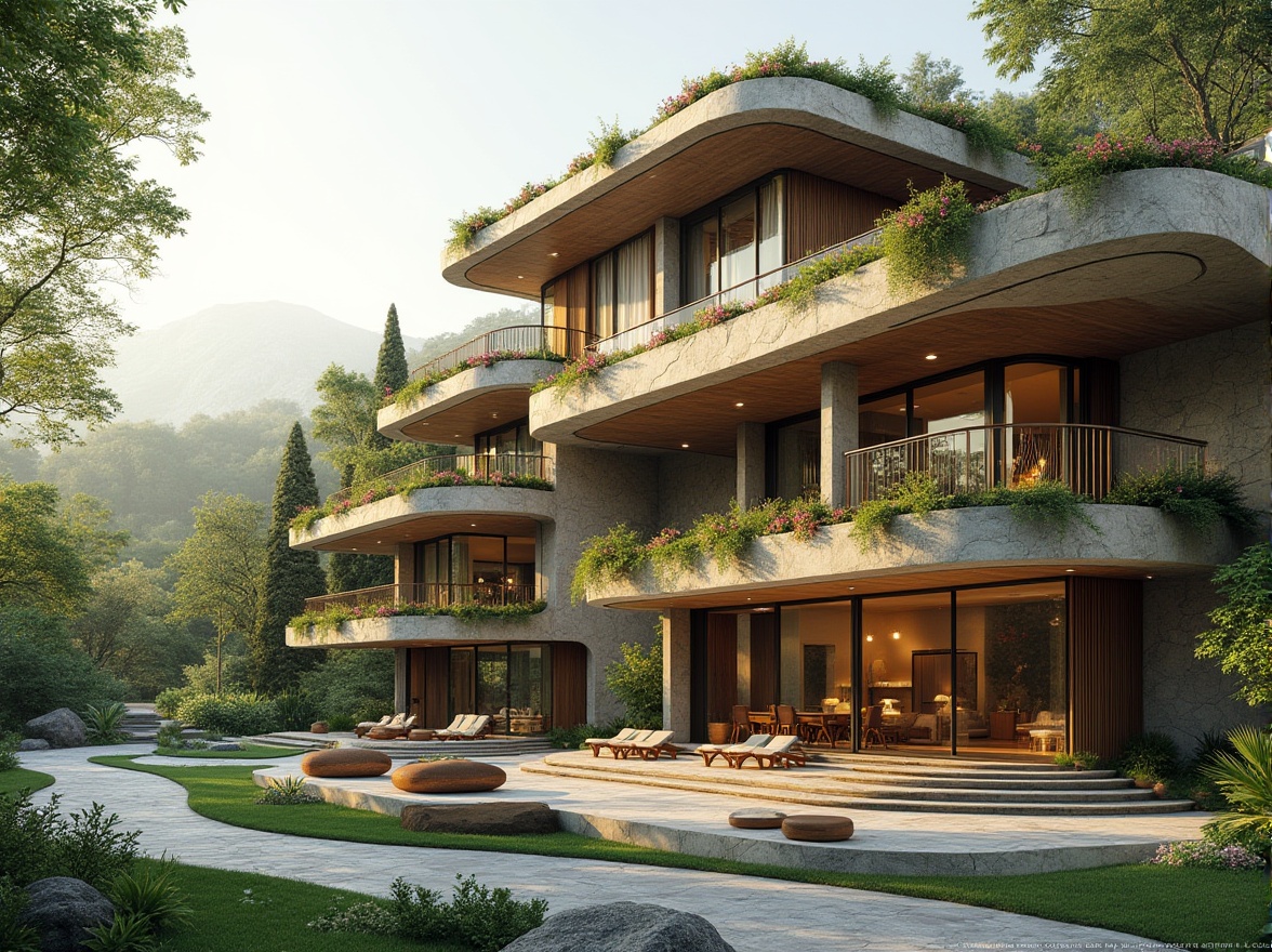 Prompt: Harmonious building facade, curved lines, natural stone cladding, lush green roofs, vibrant flower arrangements, modern minimalist architecture, floor-to-ceiling windows, sliding glass doors, serene outdoor spaces, wooden benches, surrounding trees, soft warm lighting, shallow depth of field, 3/4 composition, panoramic view, realistic textures, ambient occlusion, blending with nature, eco-friendly materials, sustainable design principles.