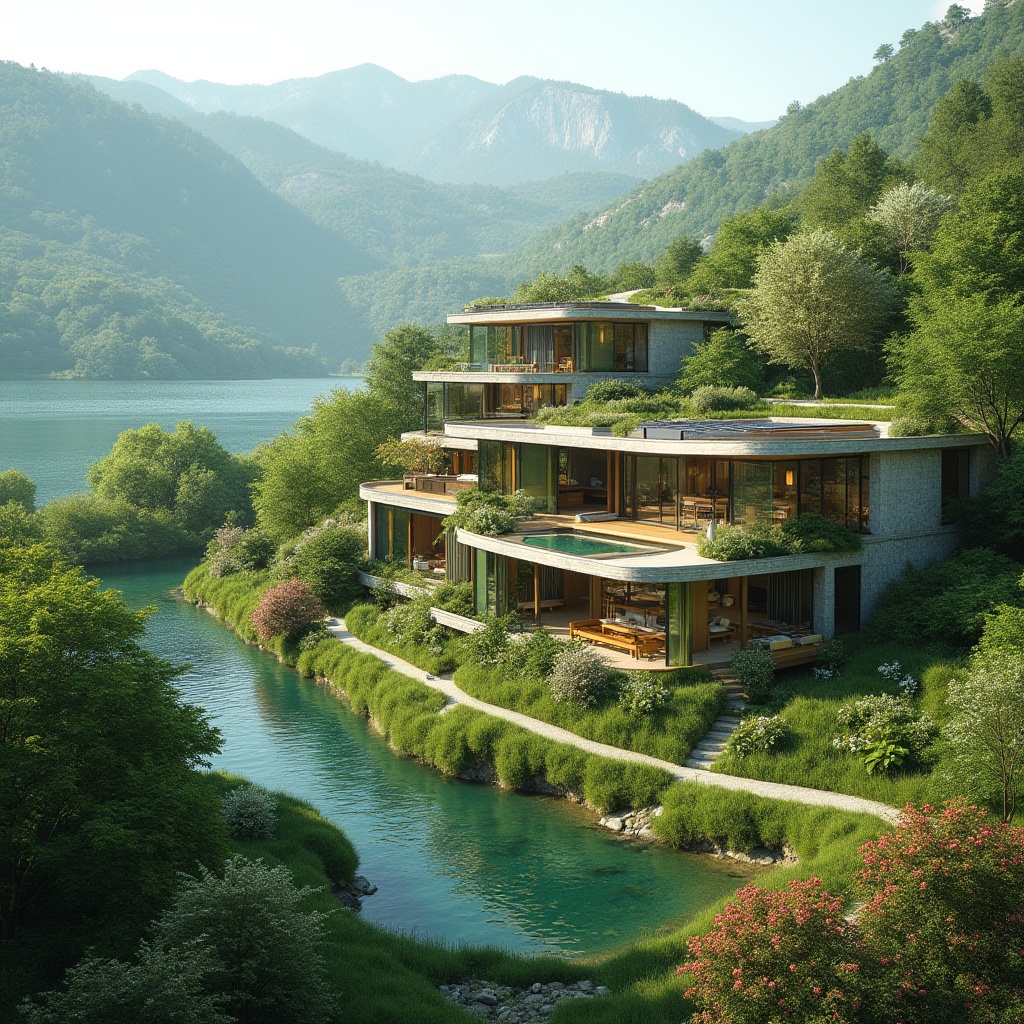 Prompt: Lush green landscape, rolling hills, serene lakeside, modern architecture, curved lines, sleek glass facades, cantilevered roofs, natural stone walls, wooden accents, eco-friendly materials, sustainable design, energy-efficient systems, solar panels, rainwater harvesting, green roofs, vibrant flowering plants, blooming trees, warm sunny day, soft diffused lighting, shallow depth of field, 1/1 composition, realistic textures, ambient occlusion.