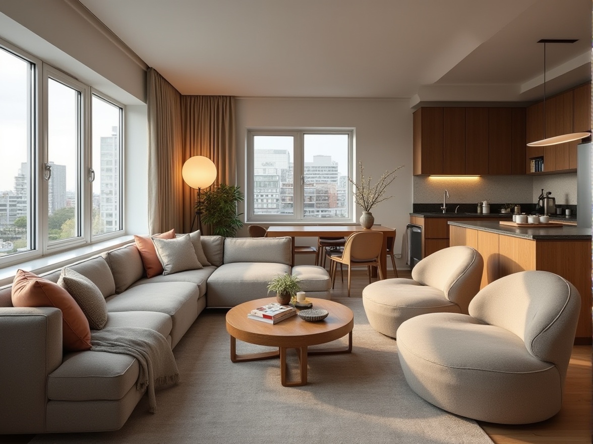 Prompt: Cozy living room, minimalist decor, plush sofas, accent chairs, wooden coffee table, floor lamps, natural textiles, soft pastel colors, large windows, urban views, modern apartment, open-plan layout, functional storage units, compact kitchenette, sleek countertops, stainless steel appliances, ambient lighting, warm color temperature, shallow depth of field, 1/2 composition, realistic materials, subtle shadows.