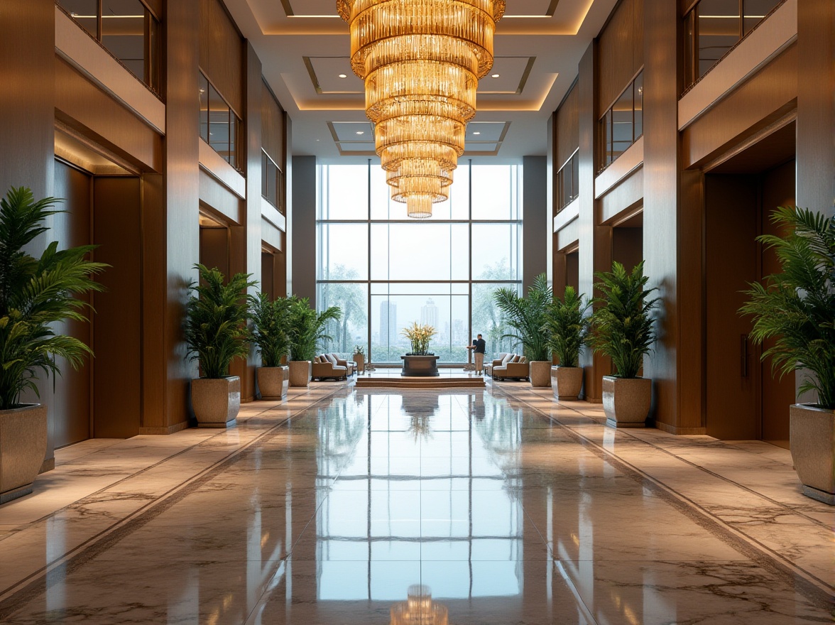 Prompt: Luxurious hotel lobby, high ceilings, grand chandeliers, sleek marble floors, modern minimalist decor, transparent glass elevators, panoramic city views, floor-to-ceiling windows, natural light pouring in, airy atrium spaces, lush greenery walls, tropical plants, warm LED lighting, shallow depth of field, 1/1 composition, realistic textures, ambient occlusion.