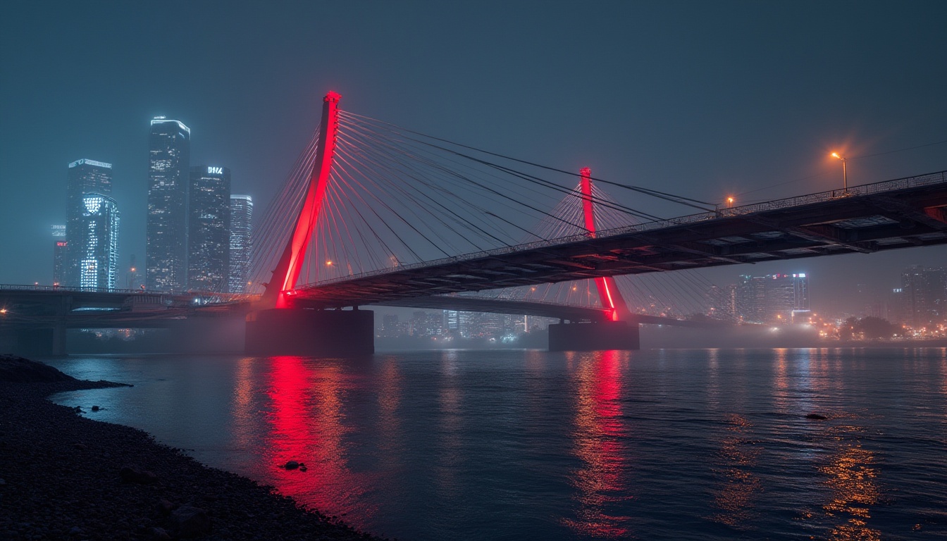 Prompt: Modern bridge, sleek metal structure, silver-gray tones, bold red accents, neon-lit nighttime views, urban cityscape, riverbank setting, gentle water reflections, misty atmospheric effects, shallow depth of field, 1/1 composition, high contrast lighting, dramatic shadows, realistic textures, ambient occlusion.