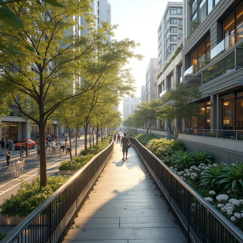 Prompt: Curved pedestrian bridge, sleek metal railings, lush greenery, vibrant flowers, natural stone walkways, modern architecture, large windows, glass balustrades, blooming trees, sunny day, soft warm lighting, shallow depth of field, 3/4 composition, panoramic view, realistic textures, ambient occlusion, urban cityscape, bustling streets, busy intersections, dynamic traffic flow, morning rush hour, street lamps, sidewalk cafes, outdoor seating areas, public art installations.