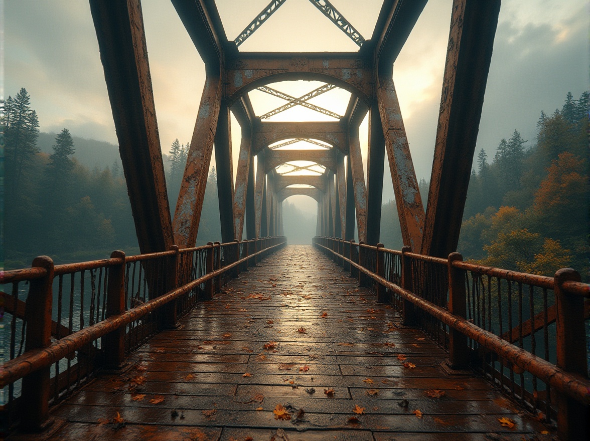 Prompt: Rustic vehicular bridges, industrial steel beams, weathered wooden planks, vintage railings, distressed metal textures, muted earthy tones, misty atmospheric effects, soft warm lighting, shallow depth of field, 1/2 composition, cinematic framing, realistic rust simulations, ambient occlusion, dense foliage surroundings, serene water flows, tranquil riverbanks, autumnal leaf colors, cloudy sky with subtle sunbeams.